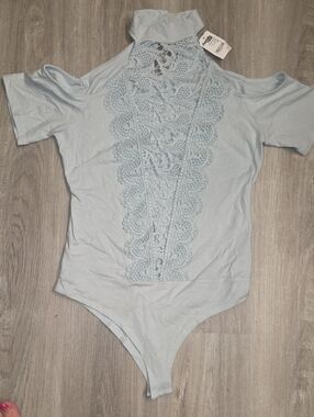 Charlotte Russe Light Blue Lace-Front Cold-Shoulder Bodysuit